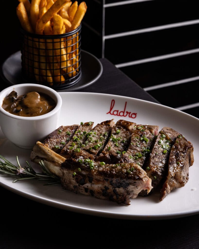 Grilled steak with sauce and fries
